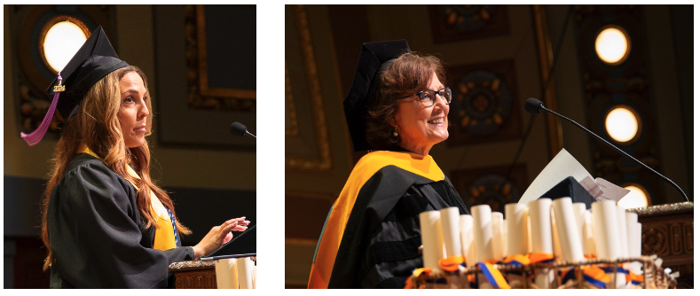 Two photos where one person is dressed in academic regalia and stands at a microphone at a podium and another where a person wearing doctoral regalia stands at a microphone at a podium. 